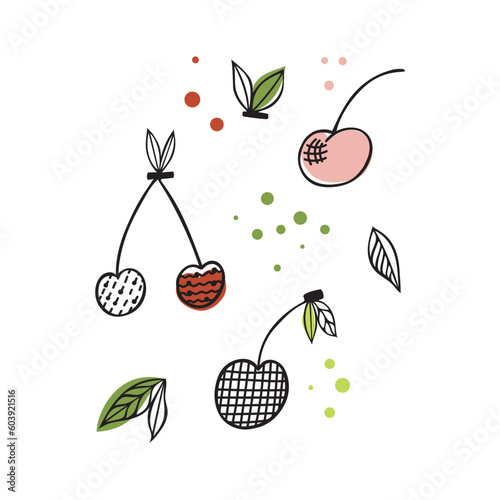 Flat vector icon of appetizing cherries. Abstract Sliced fruits, Abstract flat stickers, emblems and labels for orange fresh juice. Graphic design editable for your design. Isolated. EPS 10.