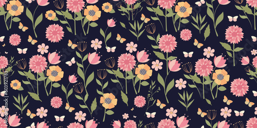 Seamless botanical pattern with asters and garden flowers and herbs on a dark background. Great for printing on fabric and paper.