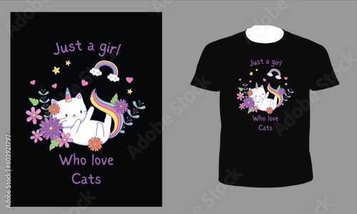 Multicolor Illustration Cartoon Funny Unicorn Cat T-Shirt, cute cat t shirt designs and apparel trendy design, cat lover t shirts elegant and classic design source, vectors for t-shirts designs, 