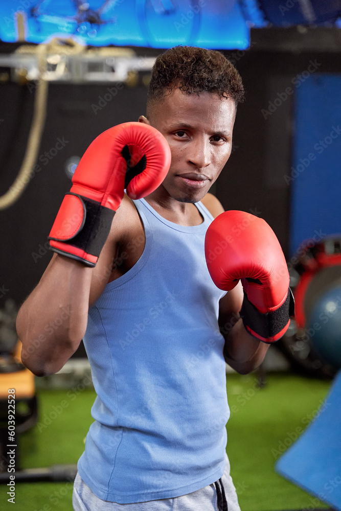  Self-confident black boxer in a defensive stance with gloves, ready to face any opponent on the Rhine.