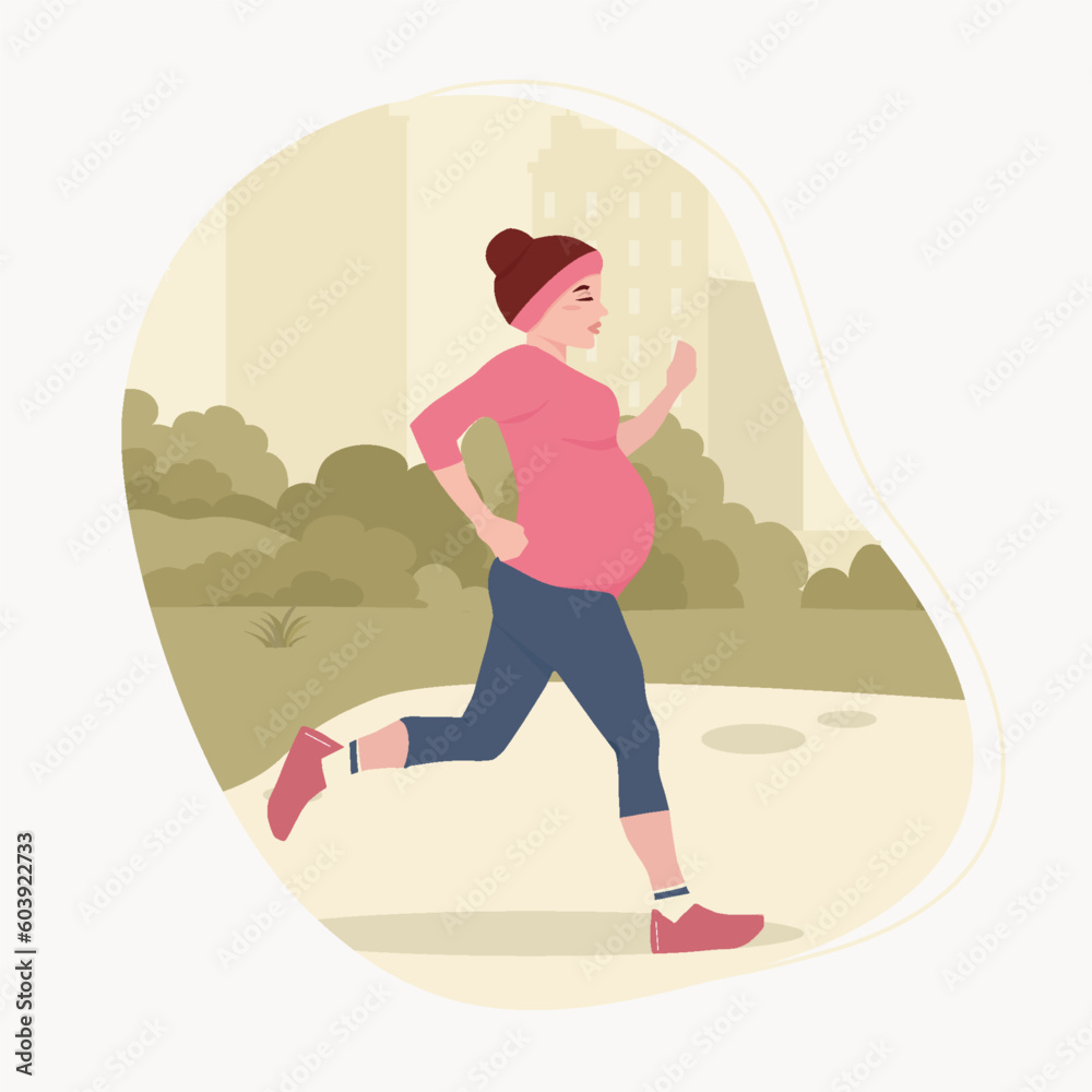 Healthy lifestyle. A pregnant girl goes in for sports, running. Ready-to-print postcard. Healthy lifestyle. A pregnant girl goes in for sports, running. Ready-to-print postcard.
