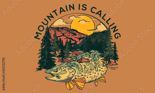 Mountain is calling. Fish with mountain graphic print design for t shirt , sticker, posters and others. Mountain lake artwork design.
