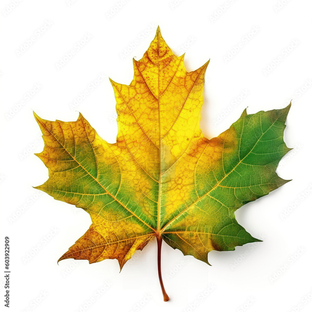 Multicolored autumn maple leaf on a white isolated background. AI generation Multicolored autumn maple leaf on a white isolated background. AI generation
