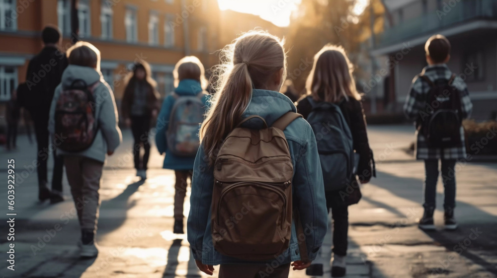 Erster Schultag Schulweg Kinder Rucksack Schultasche Morgen am Weg AI Generated