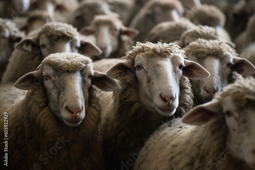 A flock of sheep in a pen. Close-up of sheep. Generation of AI