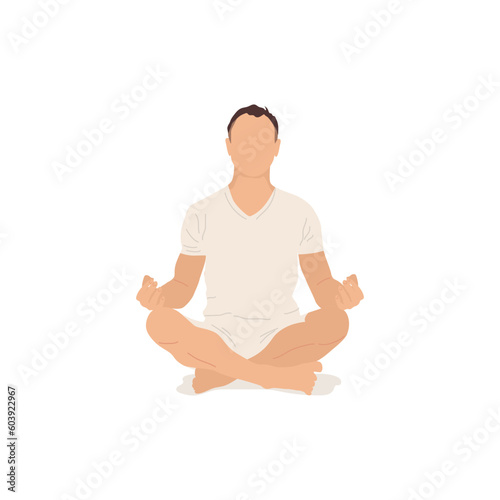 Calm man meditating and practicing yoga isolated on the white background. Relaxed guy doing breath control techniques in lotus position. Vector illustration