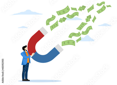Money magnet, increase salary or increase income, the power to attract business opportunities and get more profit or increase wealth, smart businessmen hold a high-power magnet to attract banknotes.