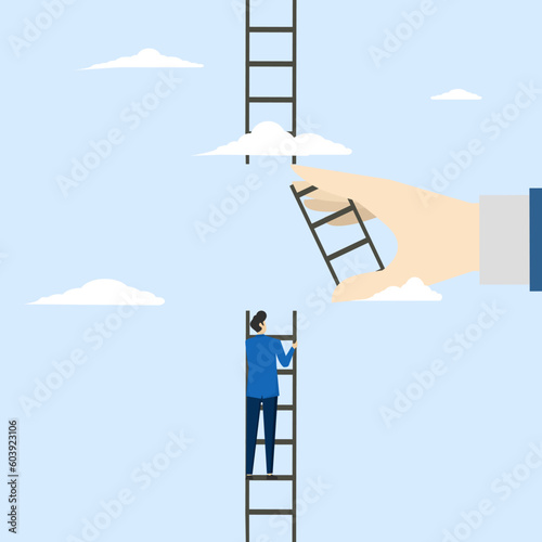 business support to reach career target or help to climb ladder success concept, helping hand, businessman climbing to top of broken ladder with big helping hand to connect to reach higher.