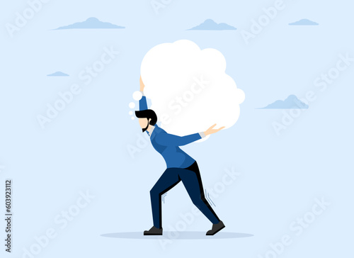 concept of obsessiveness at work or too many problems can't make a decision, Overthinking, a depressed businessman trying to carry a heavy burden of thought bubbles. flat vector illustration.