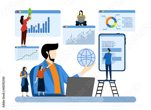 business, office worker studying infographics, scale evolution analysis, business big data analysis, global analytics, financial research reports, marketing statistics, scale evolution analysis.