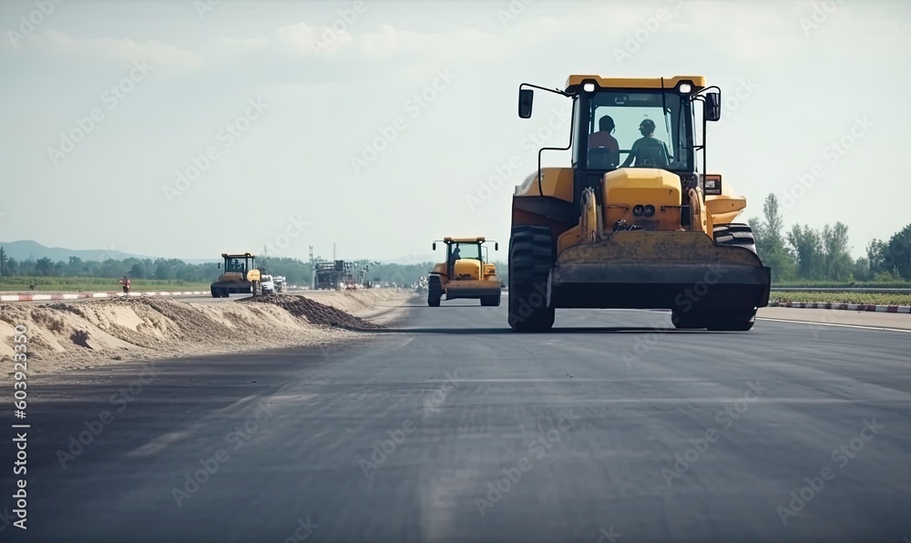 Close-up of construction worker smoothing out fresh asphalt with a roller. Creating using generative AI tools Close-up of construction worker smoothing out fresh asphalt with a roller. Creating using generative AI tools