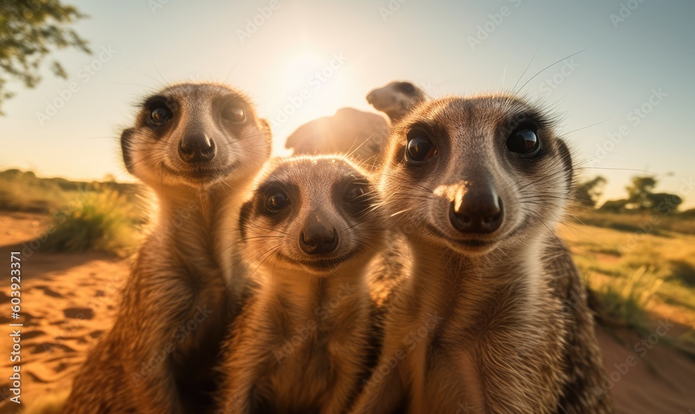 Curious meerkat captures a charming selfie with a curious expression. Creating using generative AI tools