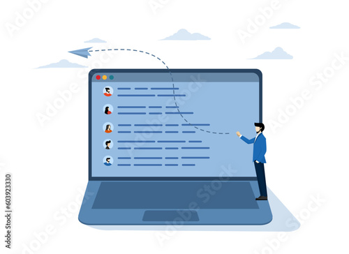 Mailing list to send email campaign, send promotion or communicate marketing message concept, email subscription management software, businessman with laptop computer send mailing list.
