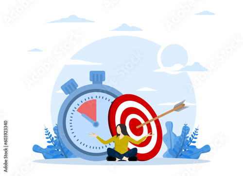 Self discipline, time management, productivity to achieve target with professional concept of being on time to finish work or reach goal before deadline, calm woman meditating on target and stopwatch.