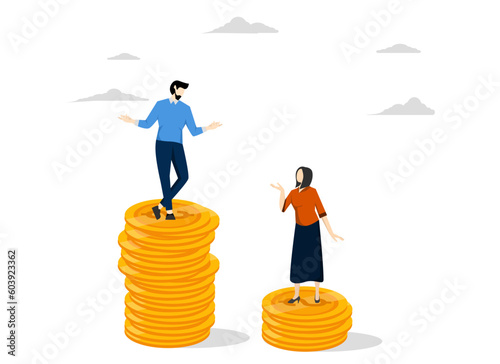 Gender wage gap, salary or income, gender diversification concept problem, inequality between male and female wages, employers standing on coin money are paid more, women on coin income less