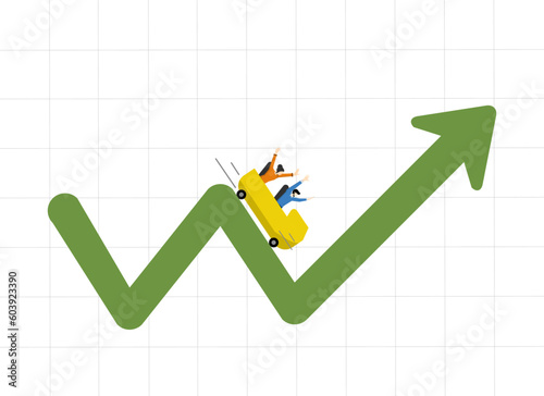financial stock market fluctuations up and down concept, Metaphor of investment volatility roller coaster ride, investors people ride roller coaster on fluctuating market chart.
