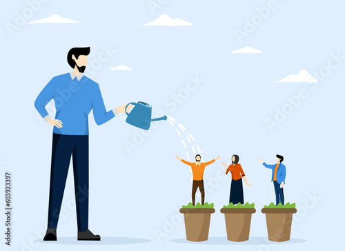 HR human resources concept, Talent development, career growth, coaching to develop skills, employee enhancement, entrepreneur manager watering growth of talented staff in growing nursery pots.