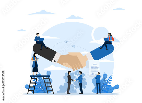 concept of cooperation in business or partnership, agreement of parties, Man Shaking Hands after Document Signing. Successful partnership, Investment, flat vector illustration.