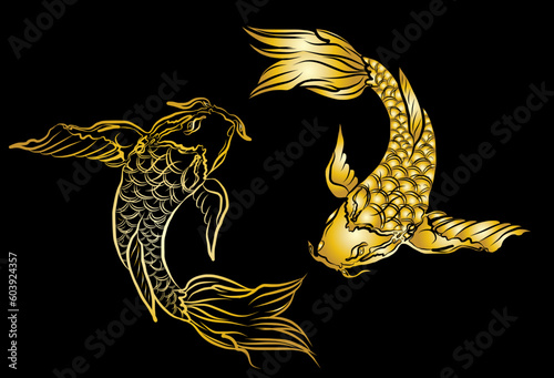 Beautiful line art of gold fish vector illustration.Koi fish for printing on shirt on white isolated background.