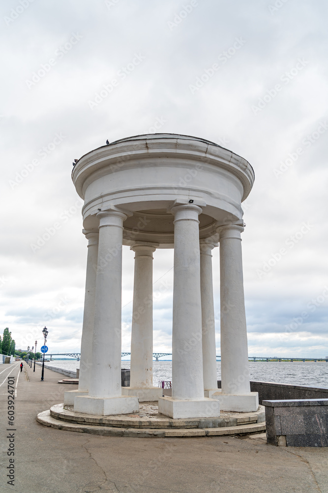 Saratov, Russia. Rotunda. A beautiful white building on six columns. Embankment of Cosmonauts