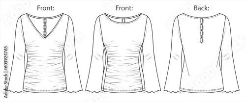 Vector round neck long sleeved t shirt fashion CAD, woman winter top with frill details technical drawing, template, sketch, flat, mock-up. Jersey or rib fabric top with front, back view, white color
