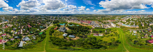 Dmitrov, Russia - August 19, 2020: Dmitrov Kremlin is a partially preserved ancient Russian fortress of the 12th century. Assumption Cathedral. Aerial view. Panorama 360