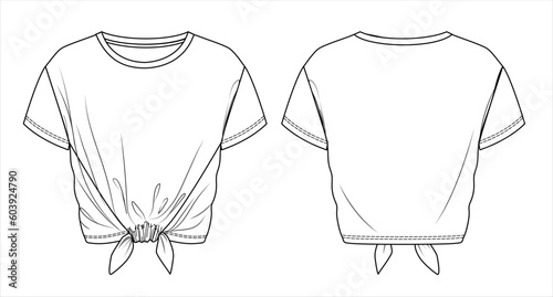 Vector short sleeve top fashion CAD, woman round neck blouse with bow detail technical drawing, flat, sketch, mock up, template. Jersey or woven fabric t shirt with front, back view, white color