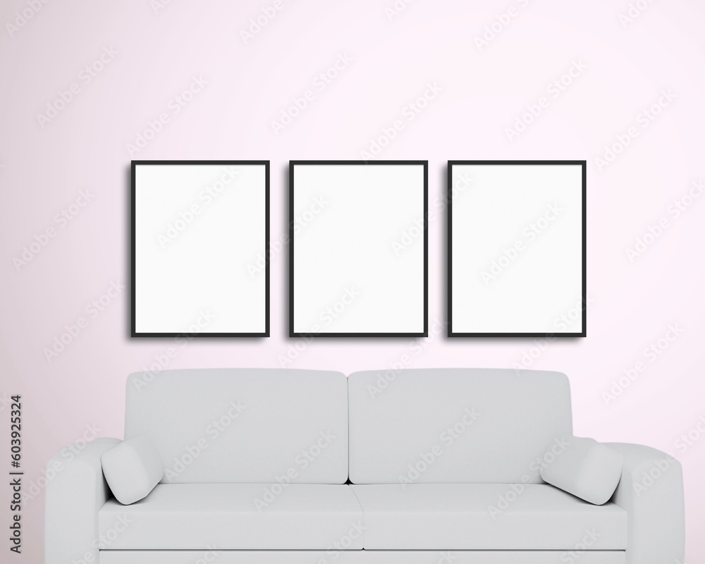 Gallery Wall Set of 3 Frame Mockups on a Pink wall with a white couch, Wall Art Mockup Gallery Wall Set of 3 Frame Mockups on a Pink wall with a white couch, Wall Art Mockup