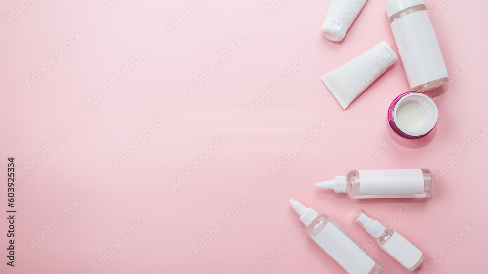 Top view blank white mock-up of cosmetics spa cream bottles