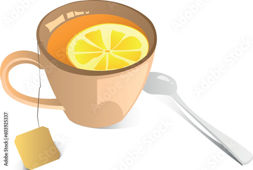 A mug with a tea bag and a slice of lemon
