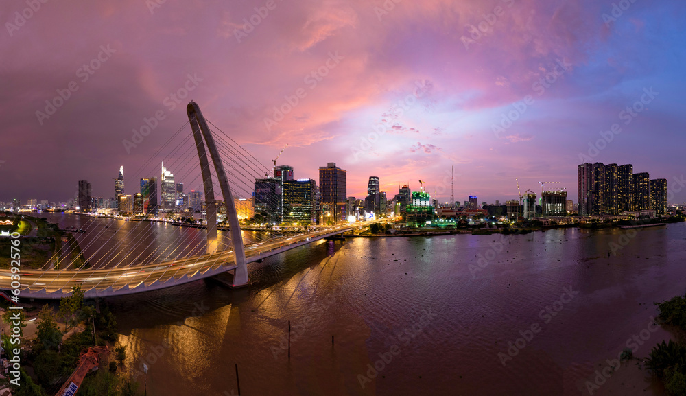 Sunset on Saigon riverside, Ho Chi Minh city Vietnam. Photo taken on May 2023