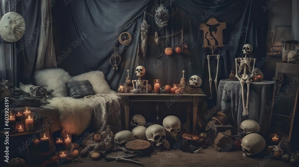 A living room designed with Halloween decorations, featuring skeletons, pumpkins, and other typical adornments, generative ai