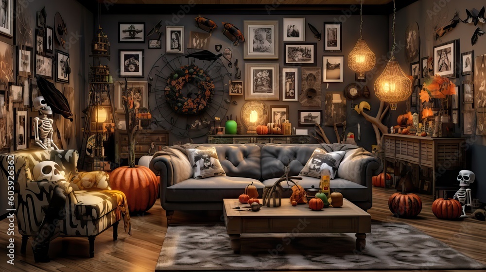 A living room designed with Halloween decorations, featuring skeletons, pumpkins, and other typical adornments, generative ai
