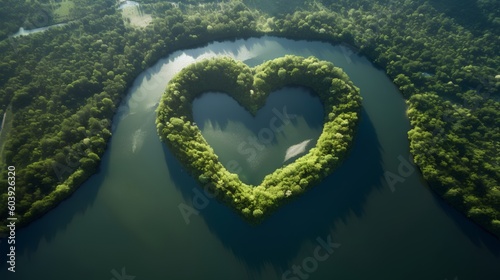 Heart shaped lake nestled in the midst of an untouched forest. The unity of love and nature, evoking feelings of serenity, peace, and admiration for the pristine wilderness. Generative AI