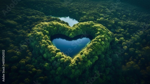 Heart shaped lake nestled in the midst of an untouched forest. The unity of love and nature, evoking feelings of serenity, peace, and admiration for the pristine wilderness. Generative AI