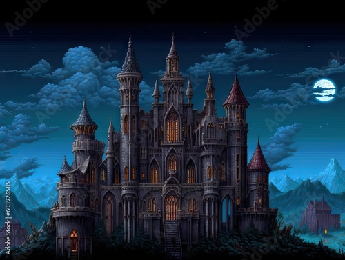 A pixelart designed 16-bit terror castle, reflecting the horror, mystery, and nostalgia, generative ai