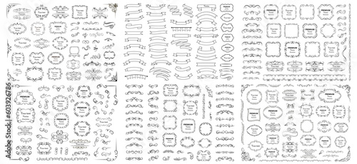 Decorative swirls or scrolls, vintage frames , flourishes, labels and dividers. Retro vector illustration. Big set