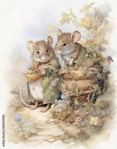 Watercolor vintage drawing children's book illustration family of mice in fairy forest, animals family photo