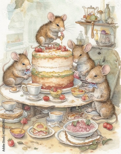 Watercolor vintage drawing children's book illustration family of mice in fairy forest, animals family photo