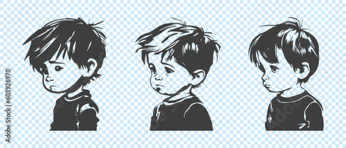 Vector monochrome set. Graphic sad half-turn portraits of little boys with tousled hair. Crying kids. Stickers or icons on isolated background.