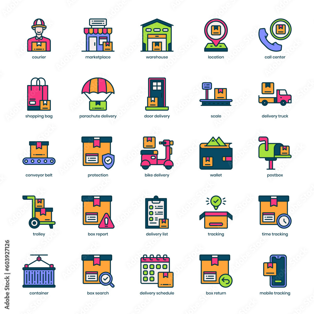 Shop Delivery icon pack for your website design, logo, app, and user interface. Shop Delivery icon filled color design. Vector graphics illustration and editable stroke.