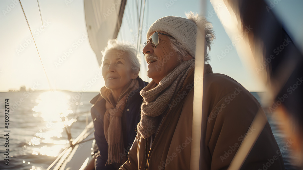 Generative ai illustration of senior marriage sailing on boat on cold sunny day