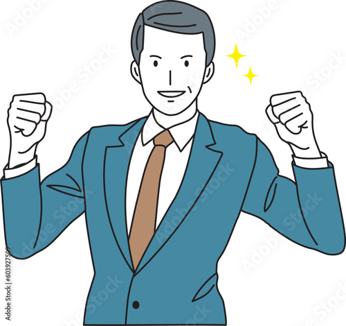Middle-aged man in a suit in fist pump pose two-tone coloring