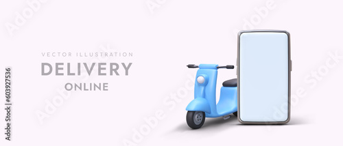 Order delivery online. Mobile application of courier services. Small cargo transportation services. Home delivery of shopping and food. 3D motorcycle, smartphone. Vector advertising for web design