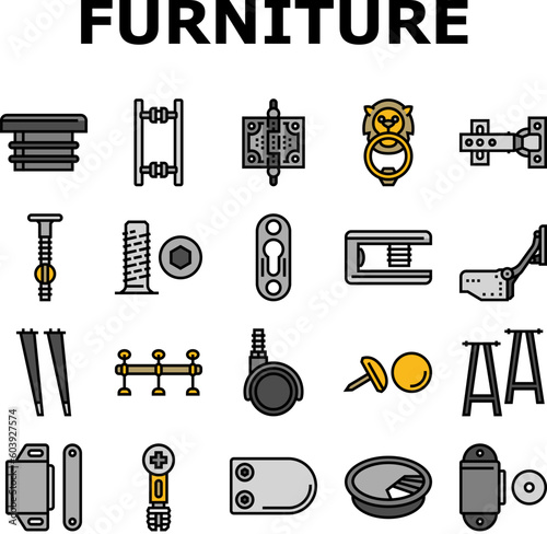 hardware furniture detail fitting icons set vector. equipment construction, metal steel, tool object, home element, metallic door, screw hardware furniture detail fitting color line illustrations