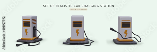 3d realistic car charging station in different positions. Promotional banner for electric stations. Using eco-friendly vehicles transport. Vector illustration with blue background