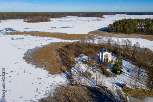 Wallpaper Mural Studzieniczna, Augustow - chapel on the island - winter drone aerial photography, Poland landscape on sunny day Torontodigital.ca