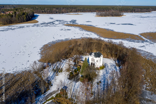 Wallpaper Mural Studzieniczna, Augustow - chapel on the island - winter drone aerial photography, Poland landscape on sunny day Torontodigital.ca