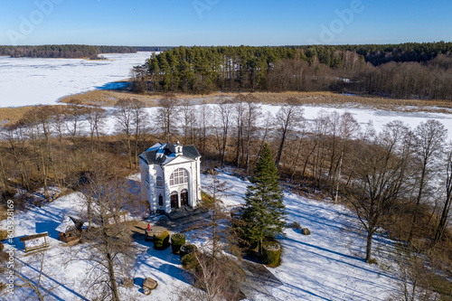 Wallpaper Mural Studzieniczna, Augustow - chapel on the island - winter drone aerial photography, Poland landscape on sunny day Torontodigital.ca