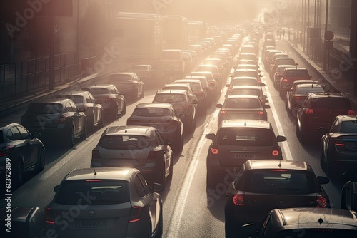 Morning city traffic jams on street. Standing in a row cars, rear view, red stop lights. Generative AI